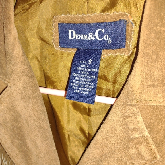 SOLD women's denim and co 100% leather shell fringe tan jacket button up small - Picture 4 of 11